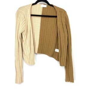 Isalis Womens Two Tone Ribbed Crop Cardigan Tan Cream Long Sleeve Sweater Size M